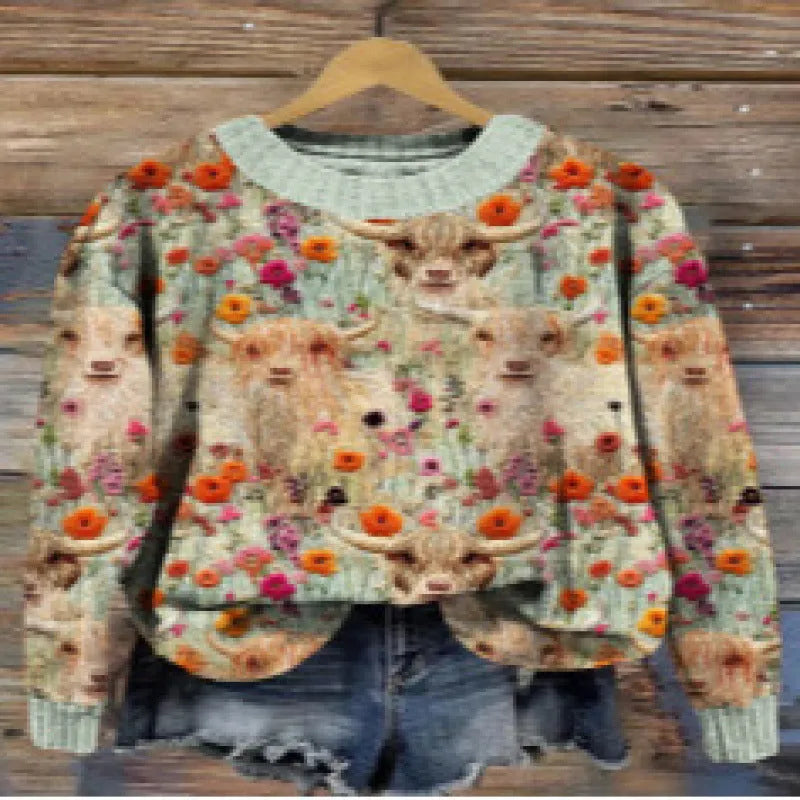 Little Flower digital printed round neck long sleeve sweater on a hanger.