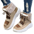Women's beige suede lace-up snow boots with a thick platform sole and plush lining on a white background.