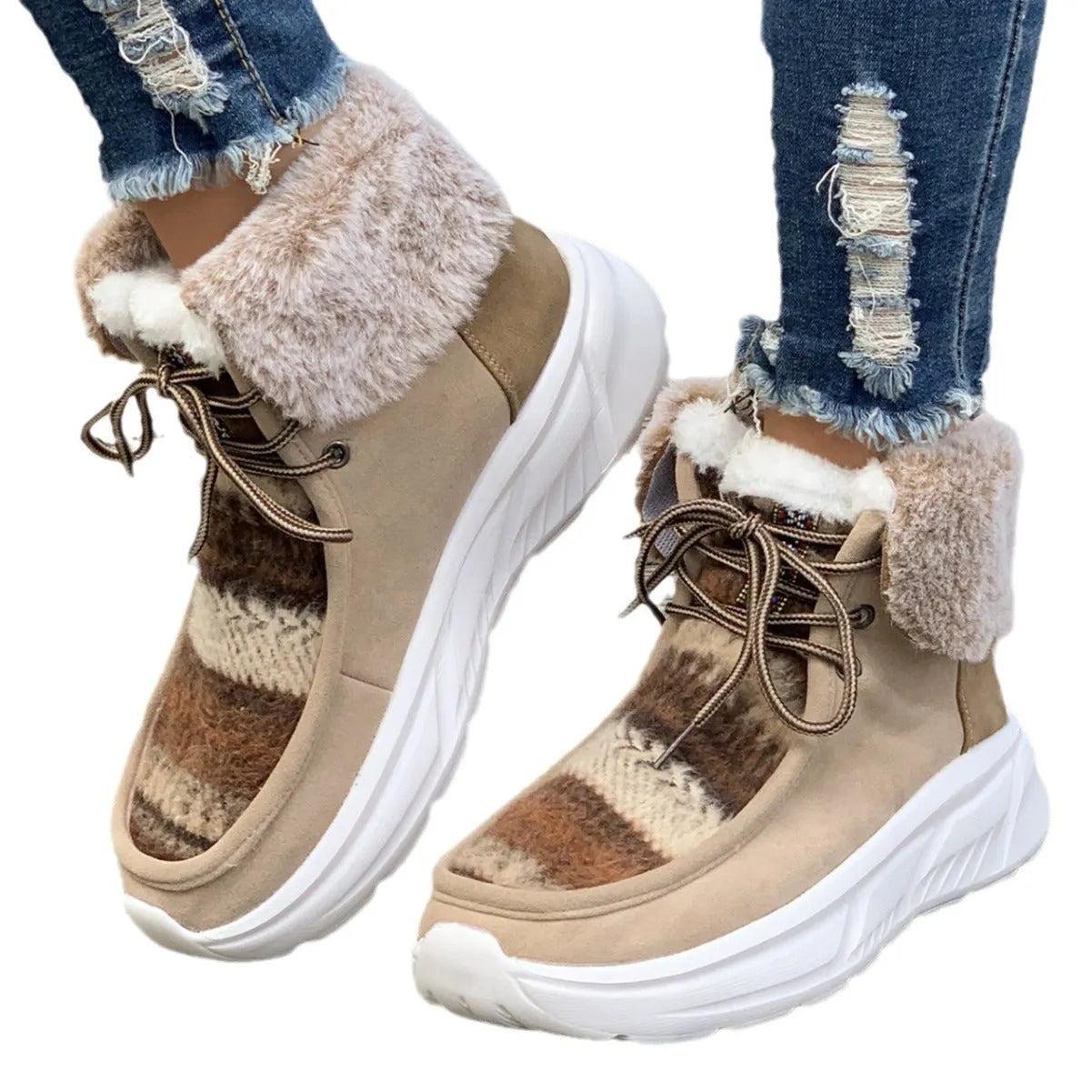 Women's beige suede lace-up snow boots with a thick platform sole and plush lining on a white background.