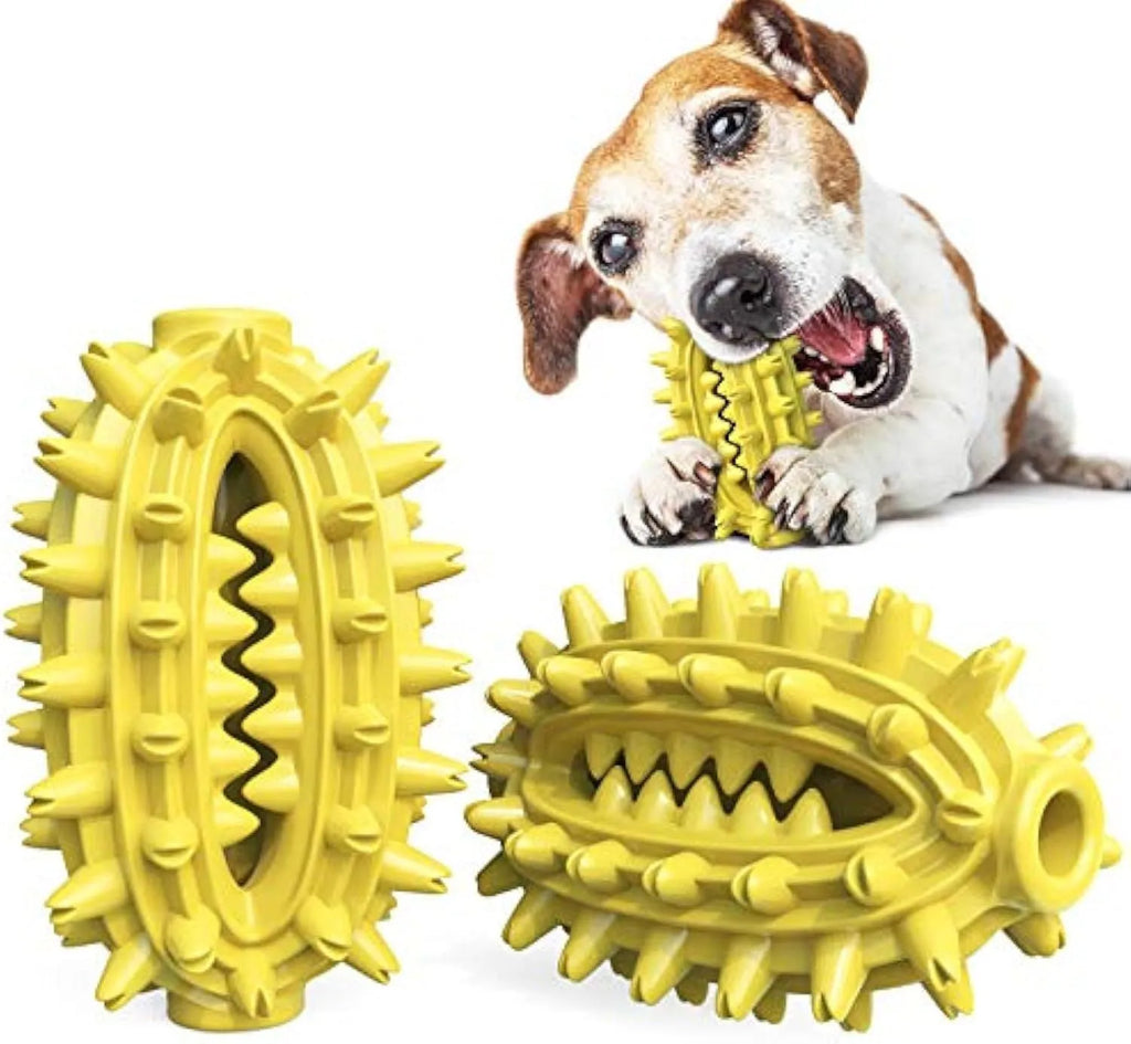 Green or yellow cactus-shaped rubber dog chew toy for dental care, shown with treat channel.