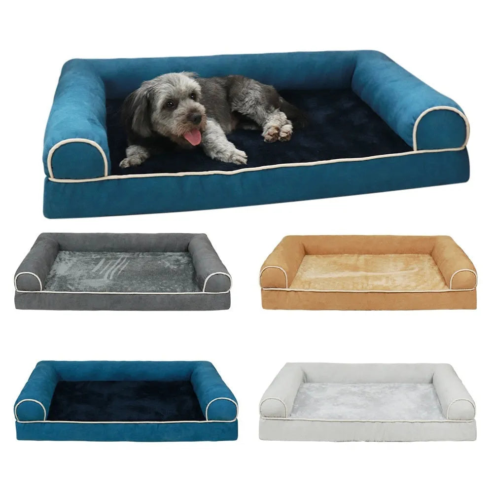 A square breathable sponge dog bed in a crate, available in blue, grey, and beige colours.