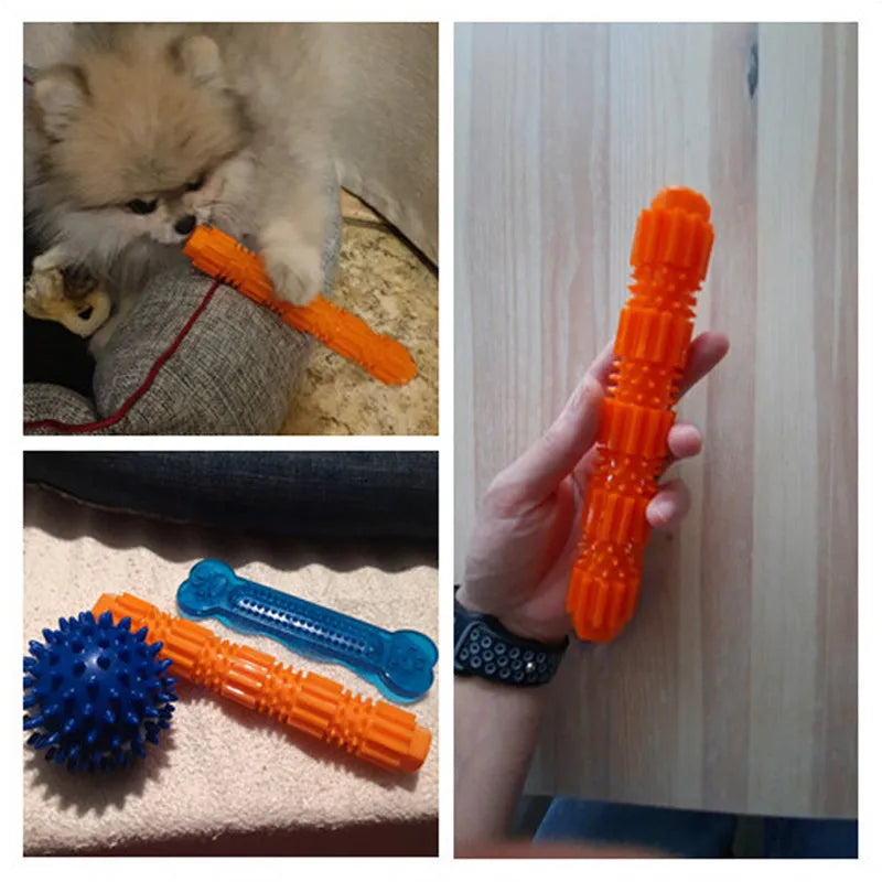 Green and orange rubber dog chew toy with treat dispensing design and textured surface