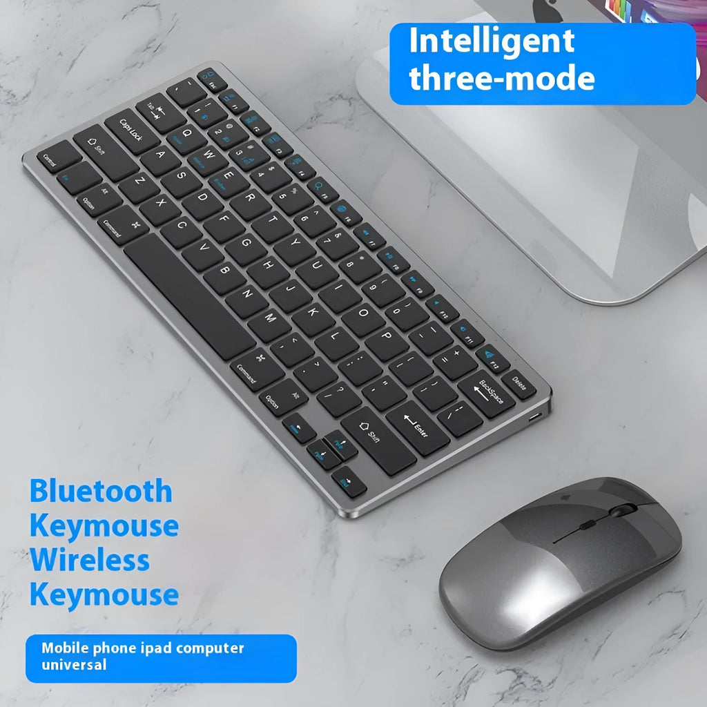 Ultra-thin black wireless keyboard and mouse combo with receiver and cover on a desk.