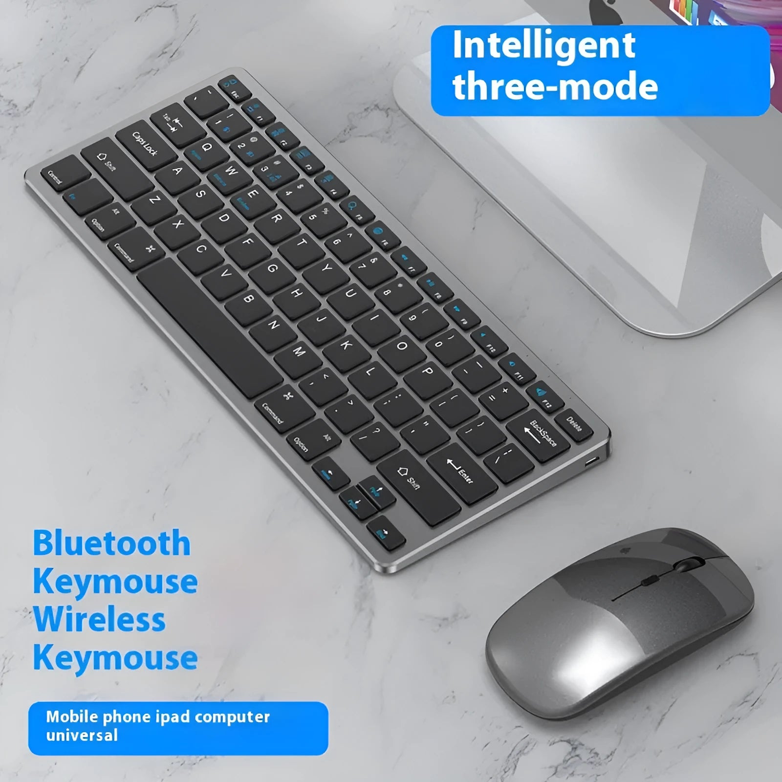 Ultra-thin black wireless keyboard and mouse combo with receiver and cover on a desk.