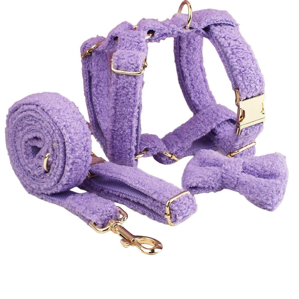 Purple dog collar, leash, vest and bow set for small pets in five size options