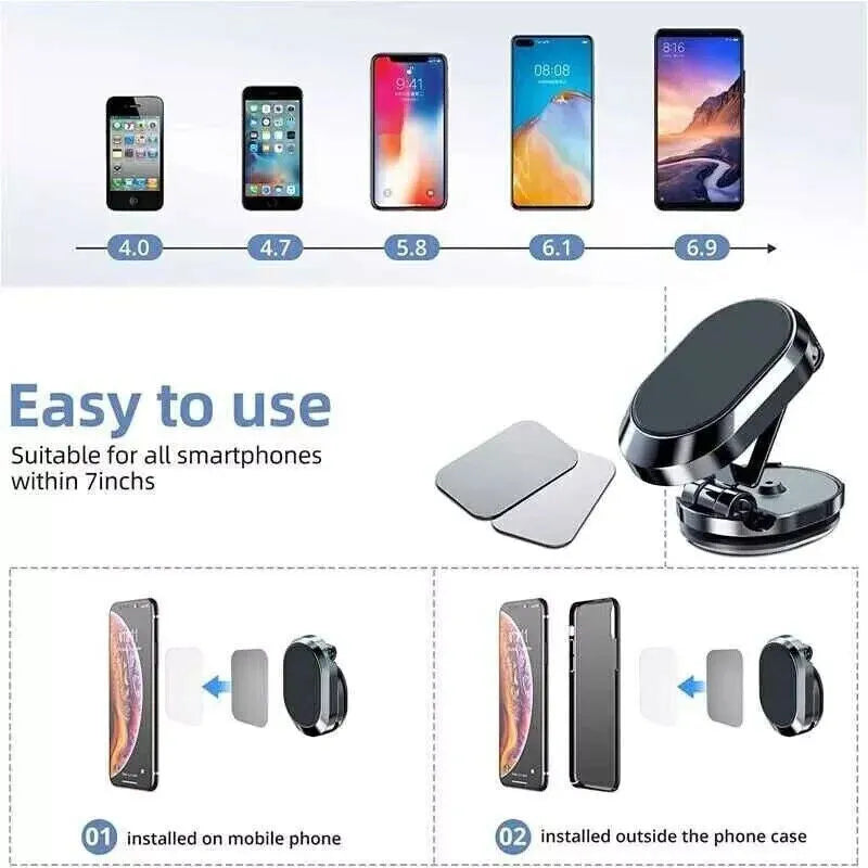 Chrome magnetic car phone holder showing folded and extended positions with 360-degree rotation