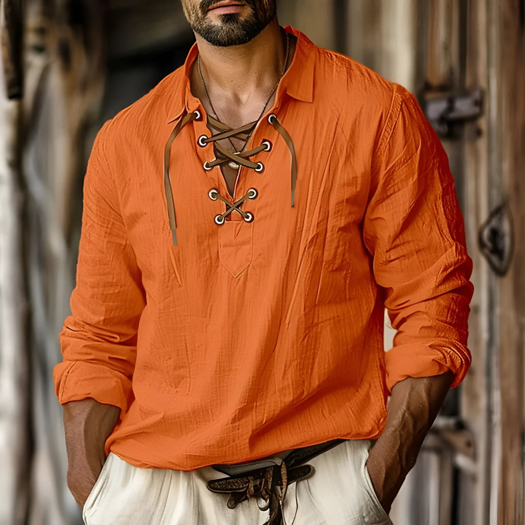 Men's loose blue linen blend long sleeve shirt with white lace trim on the lapels