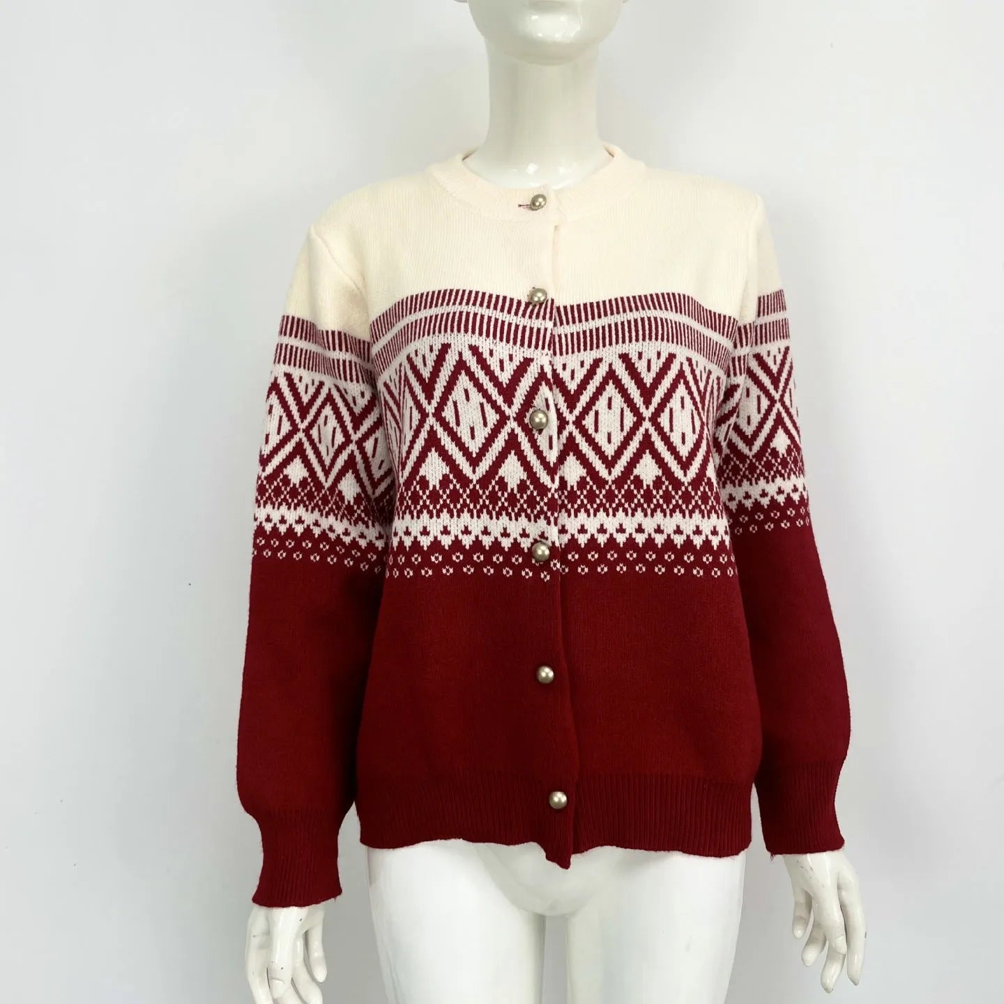 Women's grey alpaca wool sweater with diamond knit pattern and contrast colour panels