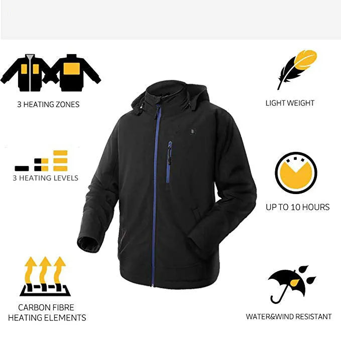 Black men's winter waterproof coat with zip pockets and long sleeves on a size chart.