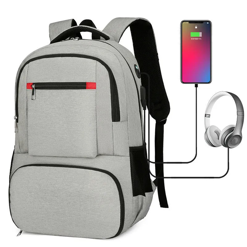 Insulated Oxford cloth backpack in light grey showing compartments and curved shoulder straps.