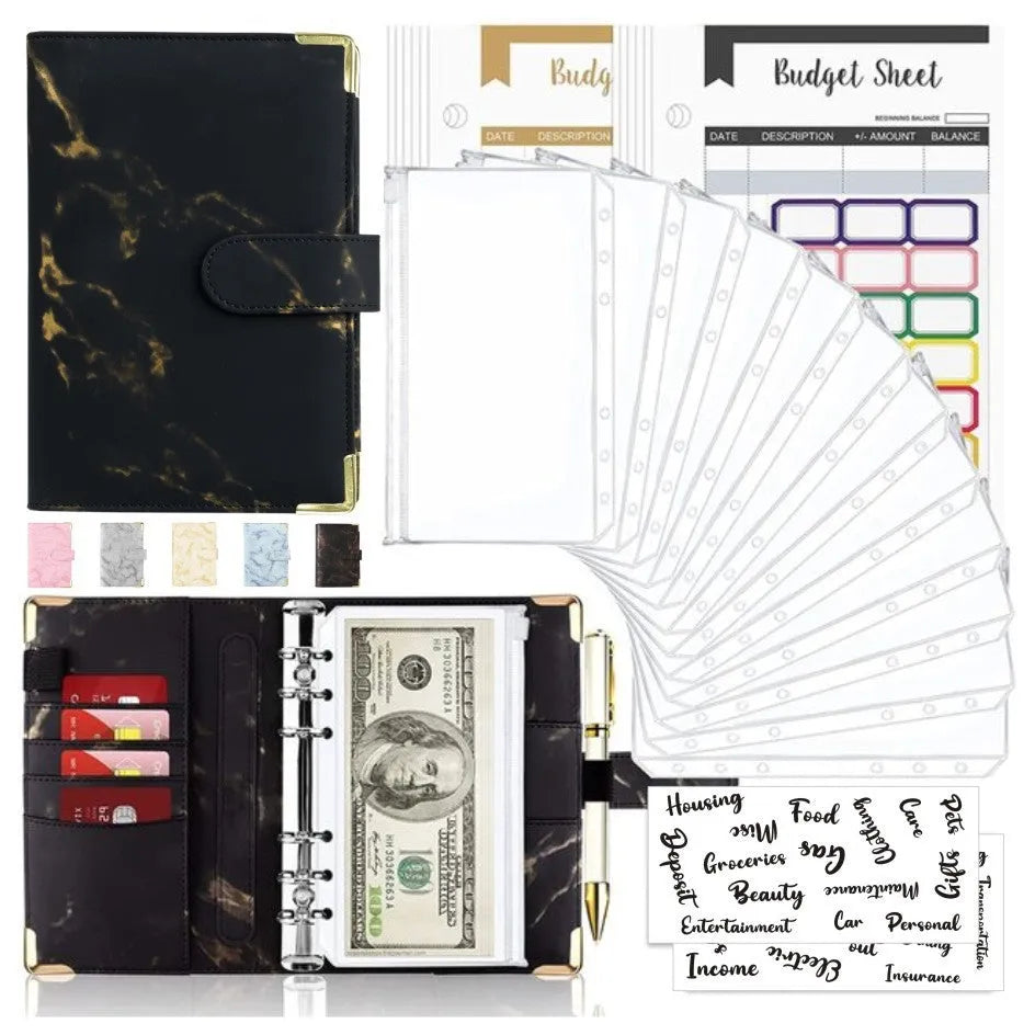 A6 loose-leaf binder journal with marbling leather PU cover, open to show budget sheets and zip pockets