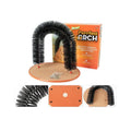 White plastic cat grooming arch with integrated brush bristles, serving as a scratcher and self-grooming toy.