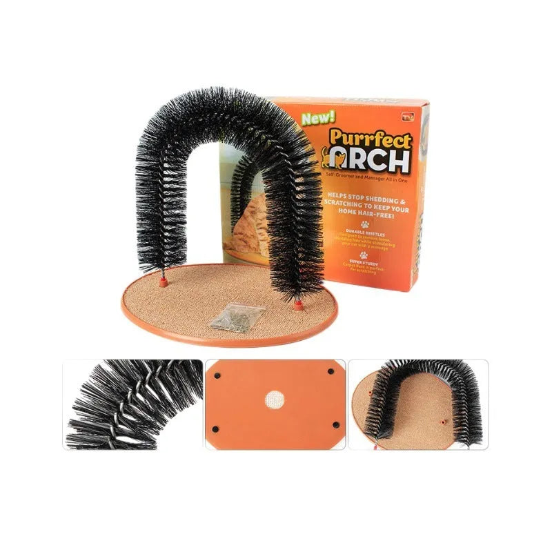 White plastic cat grooming arch with integrated brush bristles, serving as a scratcher and self-grooming toy.