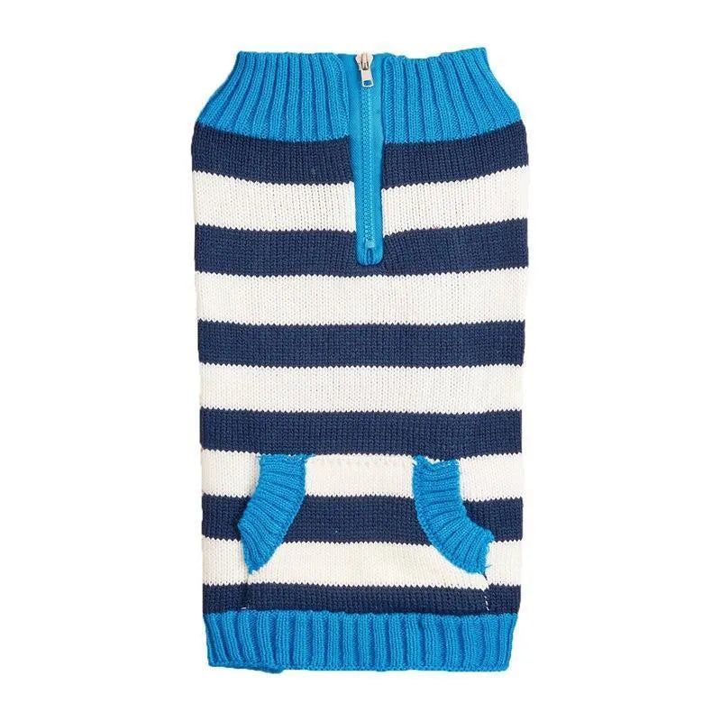 Grey dog sweater on a small dog, showing the horizontal front zipper and a blue contrast button pocket.