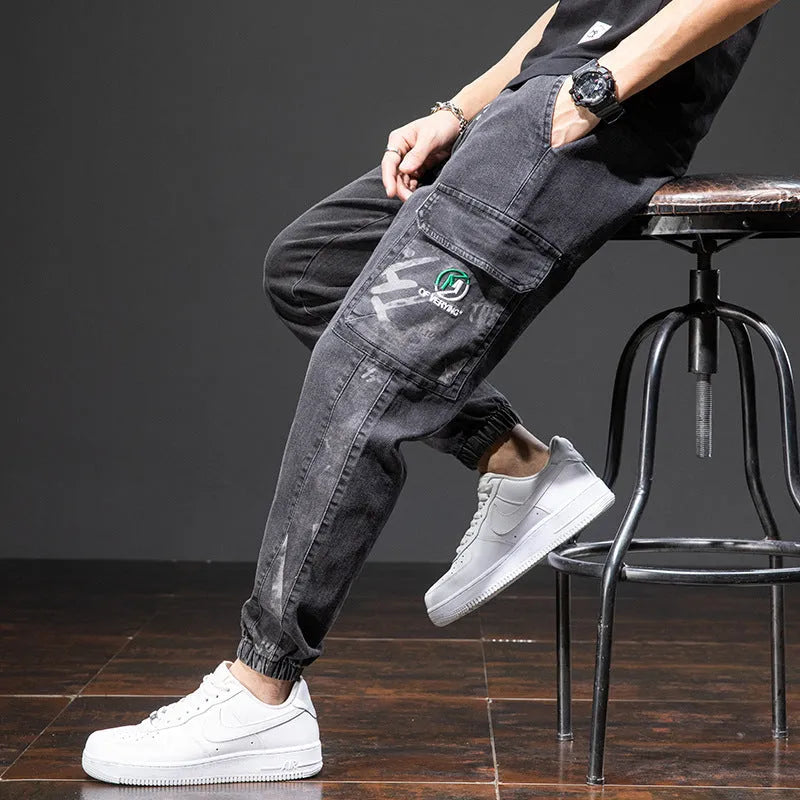 Men's loose cargo casual jeans Korean style thin straight leg trousers micro elasticity