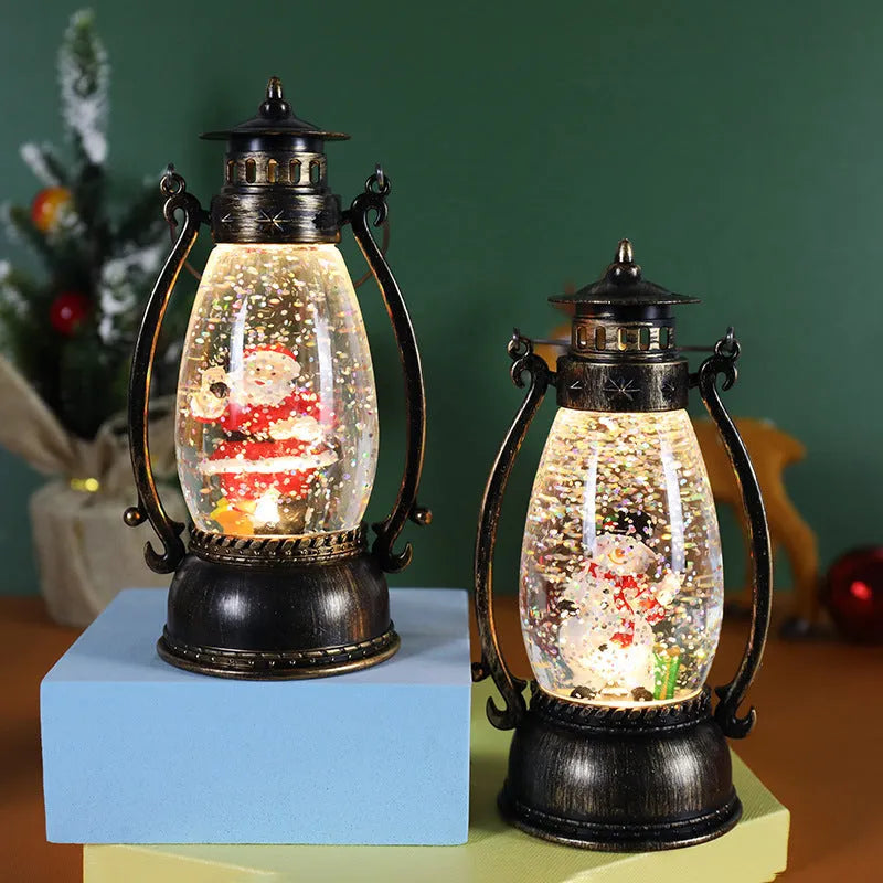 Crystal ball LED oil lamp Christmas decoration showing snowman or elderly figure winter scene inside spherical design