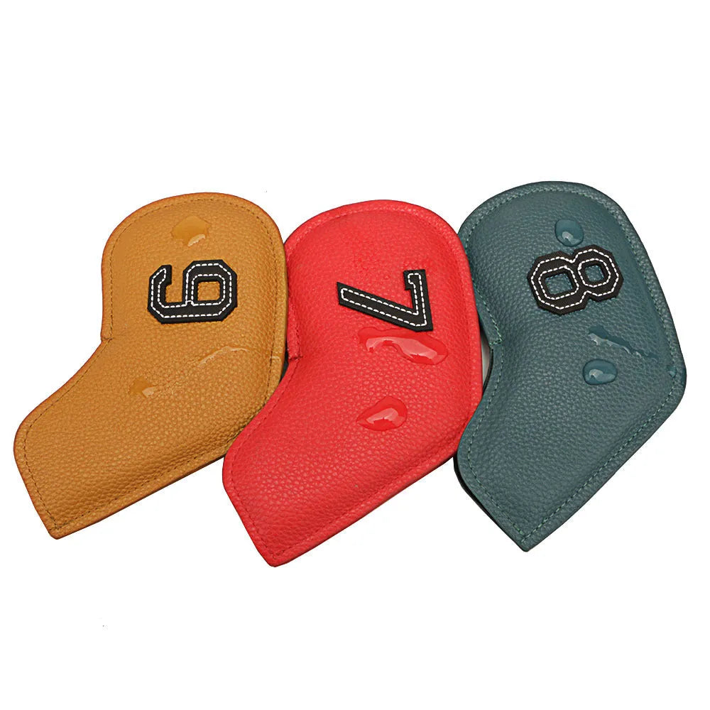 Set of 10 digitally printed PU golf club head covers in assorted designs.