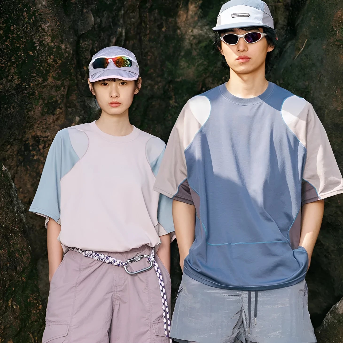 Men's loose blue t-shirt with patchwork contrast colour design and short raglan sleeves.