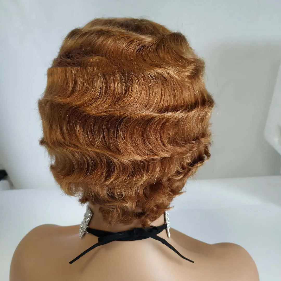 Pixie cut short bob wig with finger waves real human hair 4 inch old Shanghai retro style for ladies