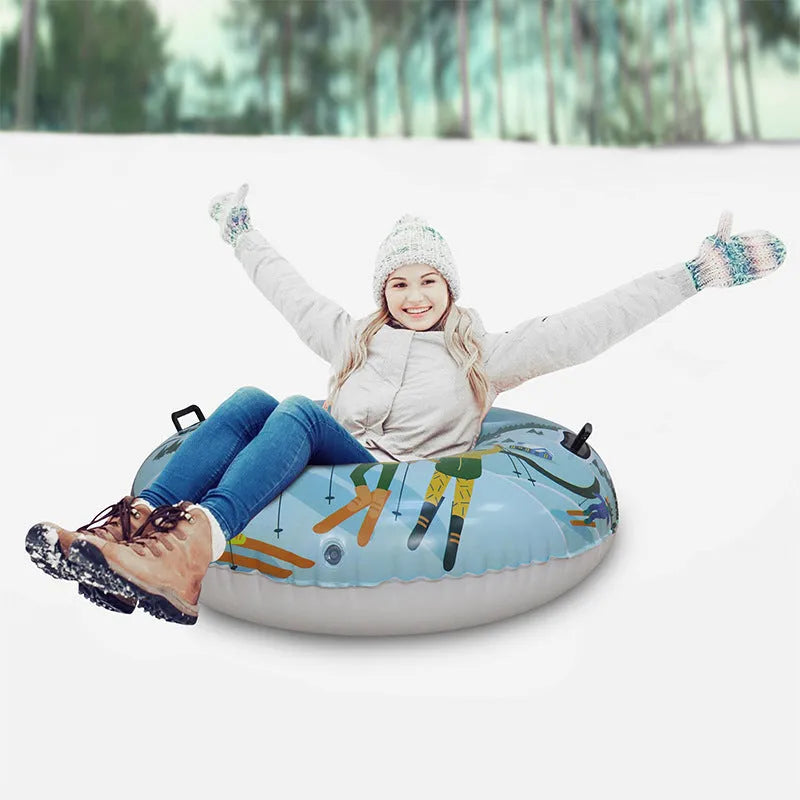 A thick PVC children's ski ring toy for outdoor winter play, shown in flame red, ice-blue, and snow mountain print designs.