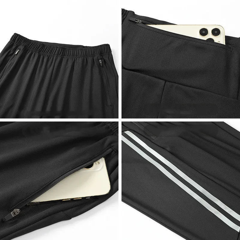 Black and navy blue men's polyester running trousers with mid-waist and long leg