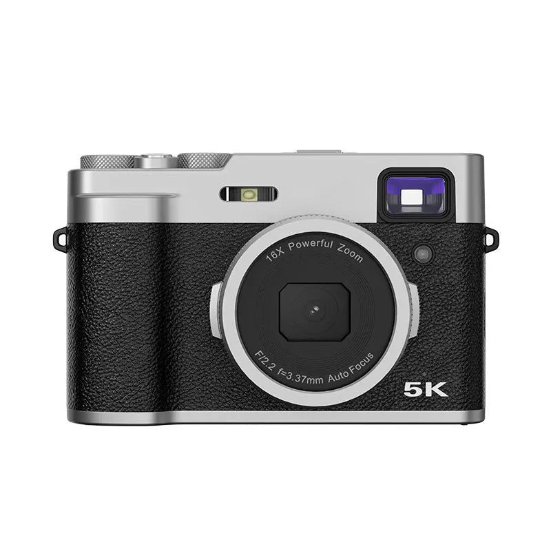 Black 5K HD digital camera with dual lenses and an optical viewfinder on a 2.88-inch screen.