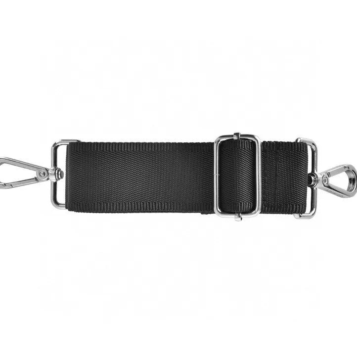 Black Oxford cloth multi-pocket laptop handbag open to show separate organiser layers and laptop compartment.