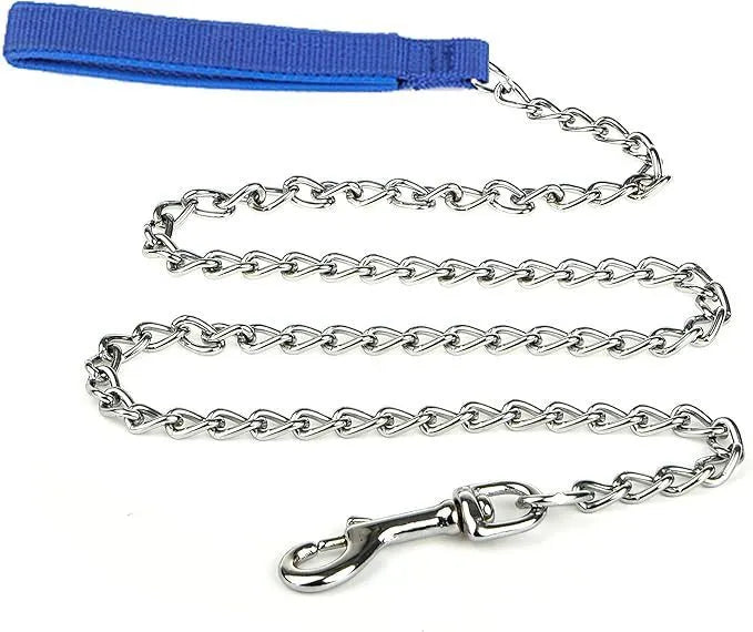 Heavy duty metal chain dog leash with a soft black padded handle, shown in red, blue, and black colours