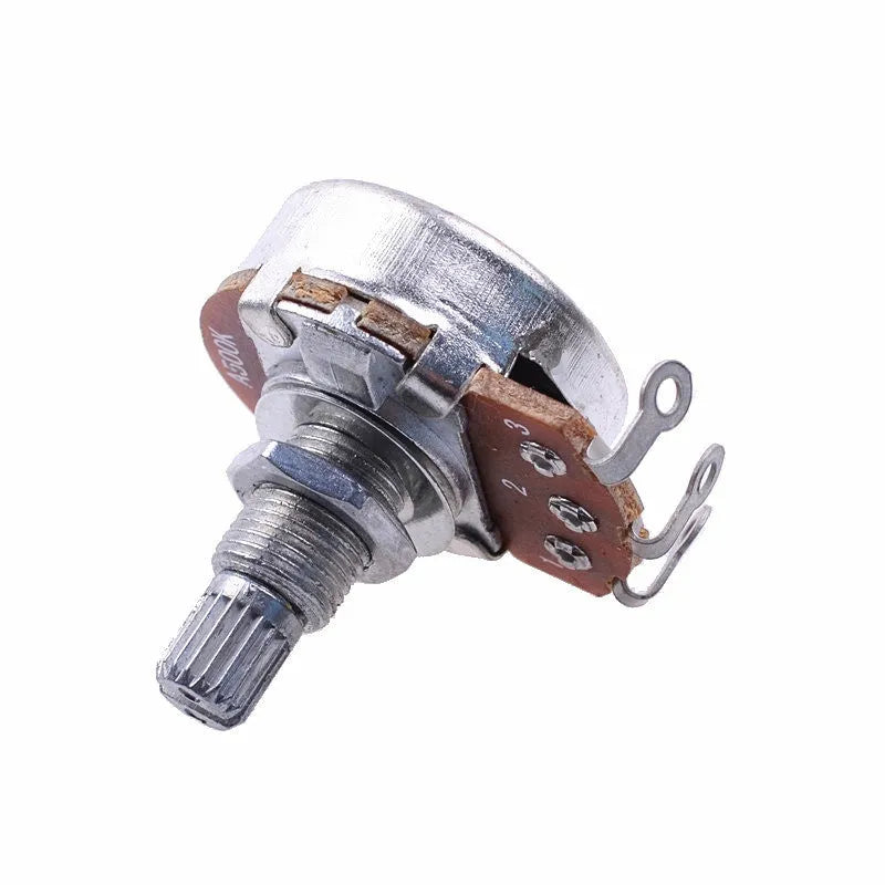 A single metal potentiometer knob for electric guitar volume and tone control.