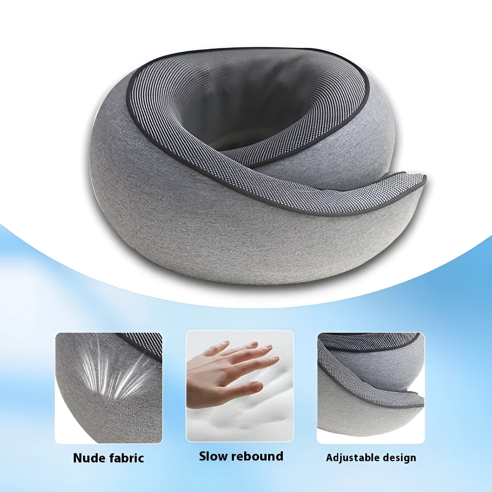 U-shaped memory foam neck pillow for travel with storage bag in grey colour.