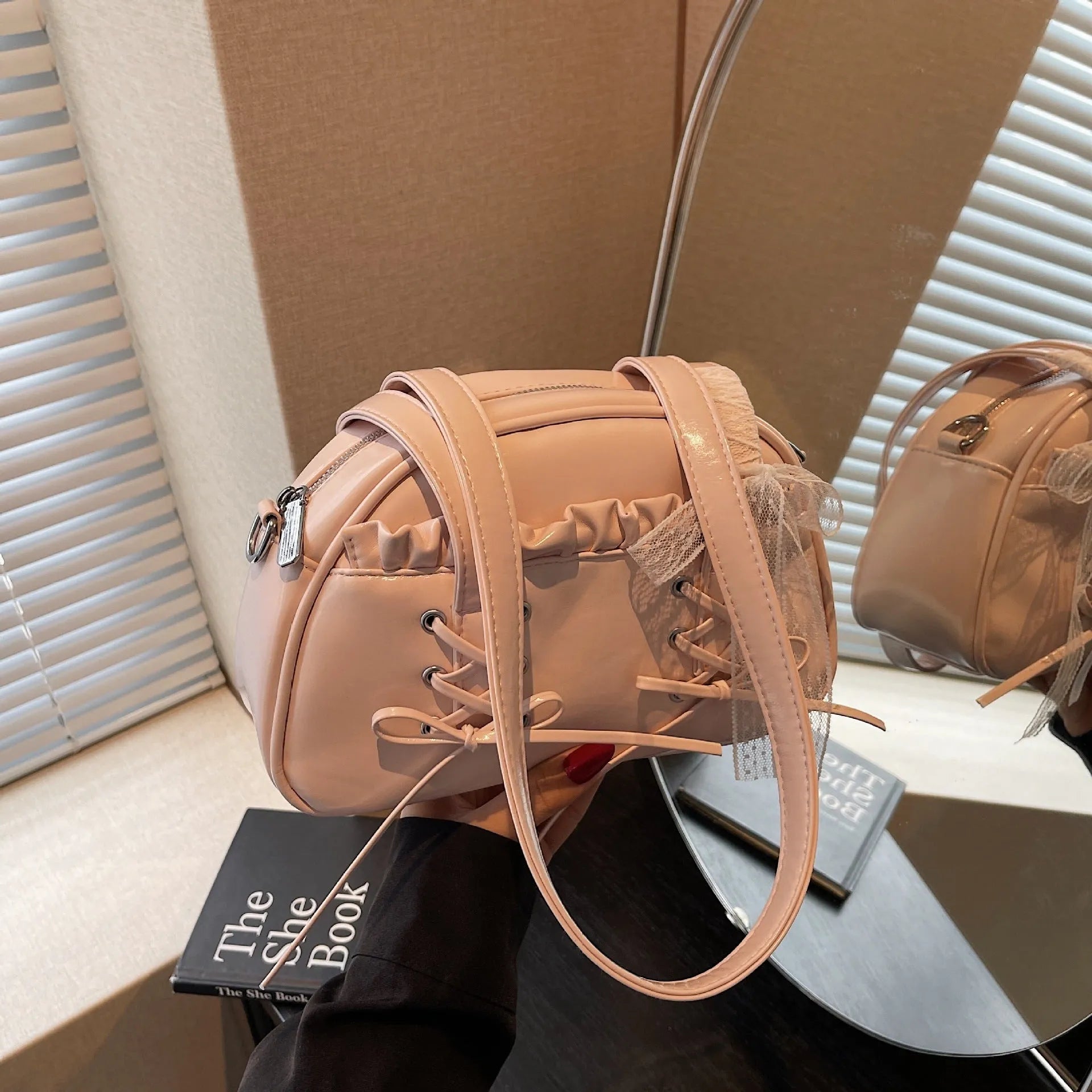 Women's bandage bow PU leather shoulder handbag with mobile phone pocket in milky white