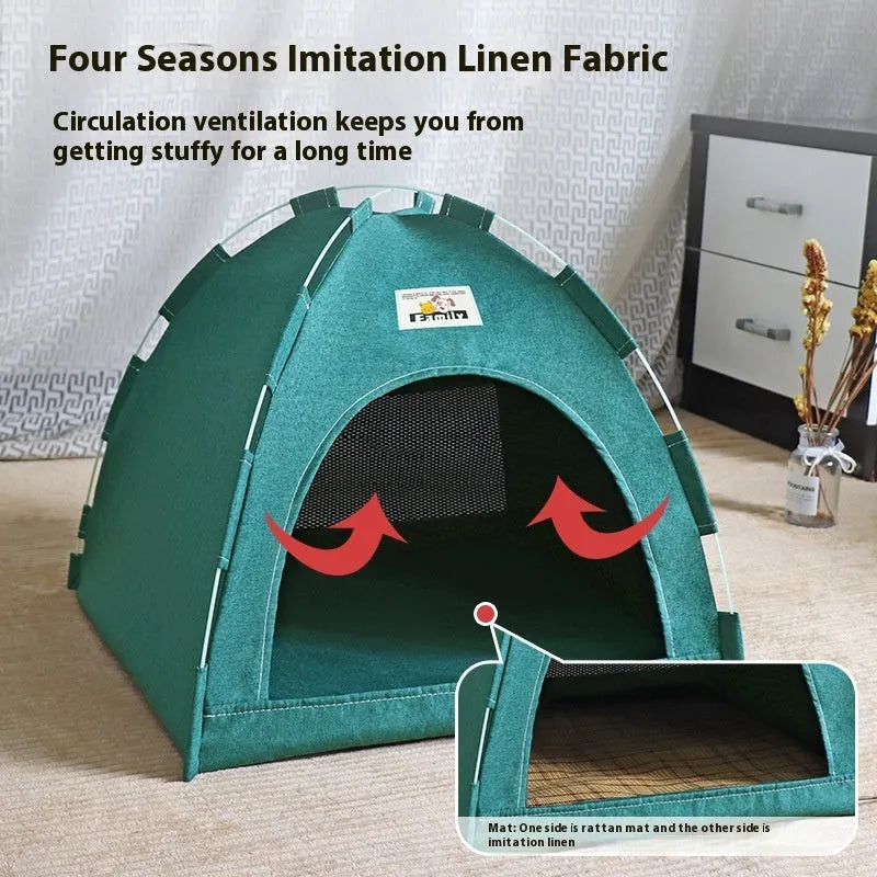 Portable pet tent bed with removable cover in grey colour, showing enclosed design for cats and small dogs