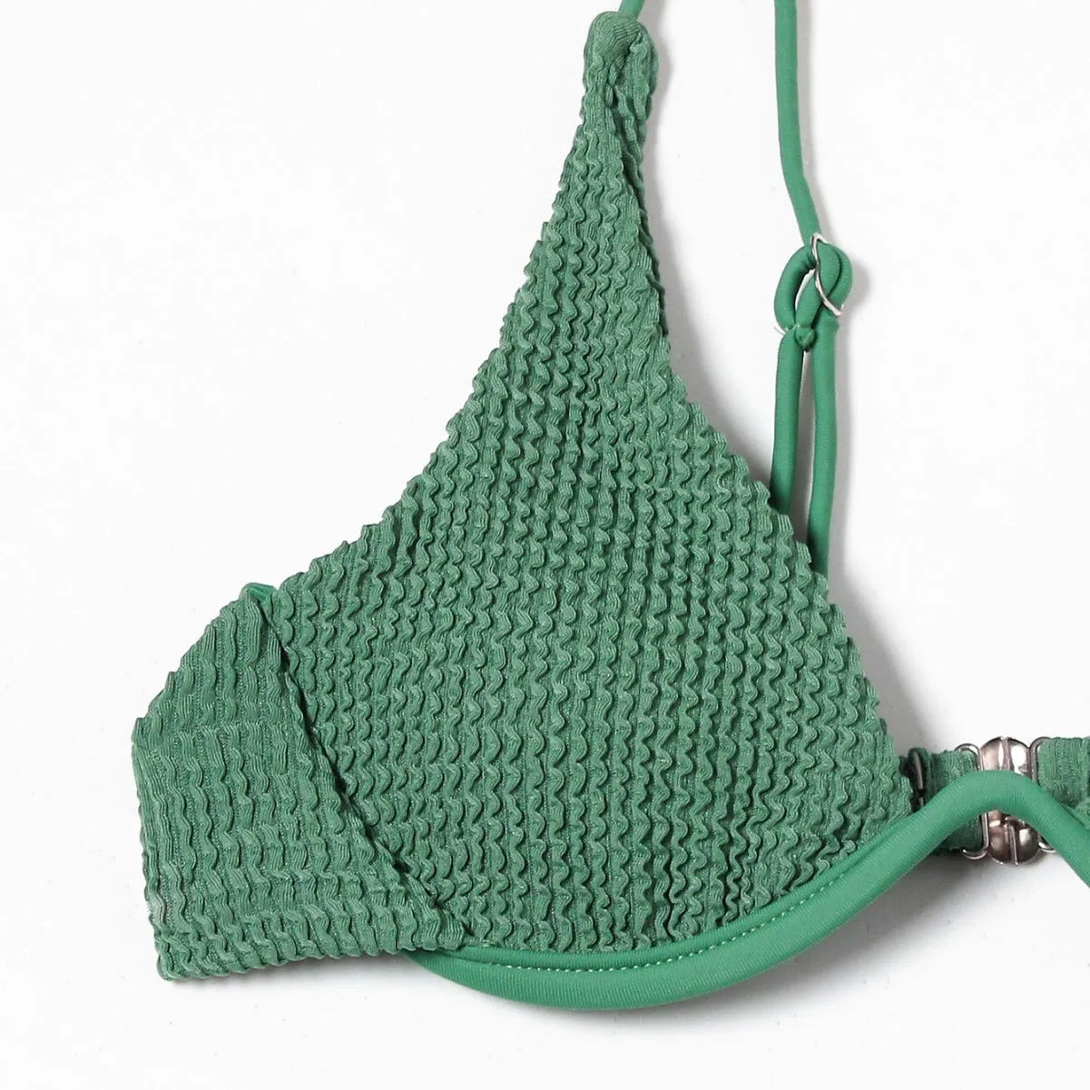 Green women's bikini set with ruffle trim, showing top and split briefs made from quick-dry polyester fabric.