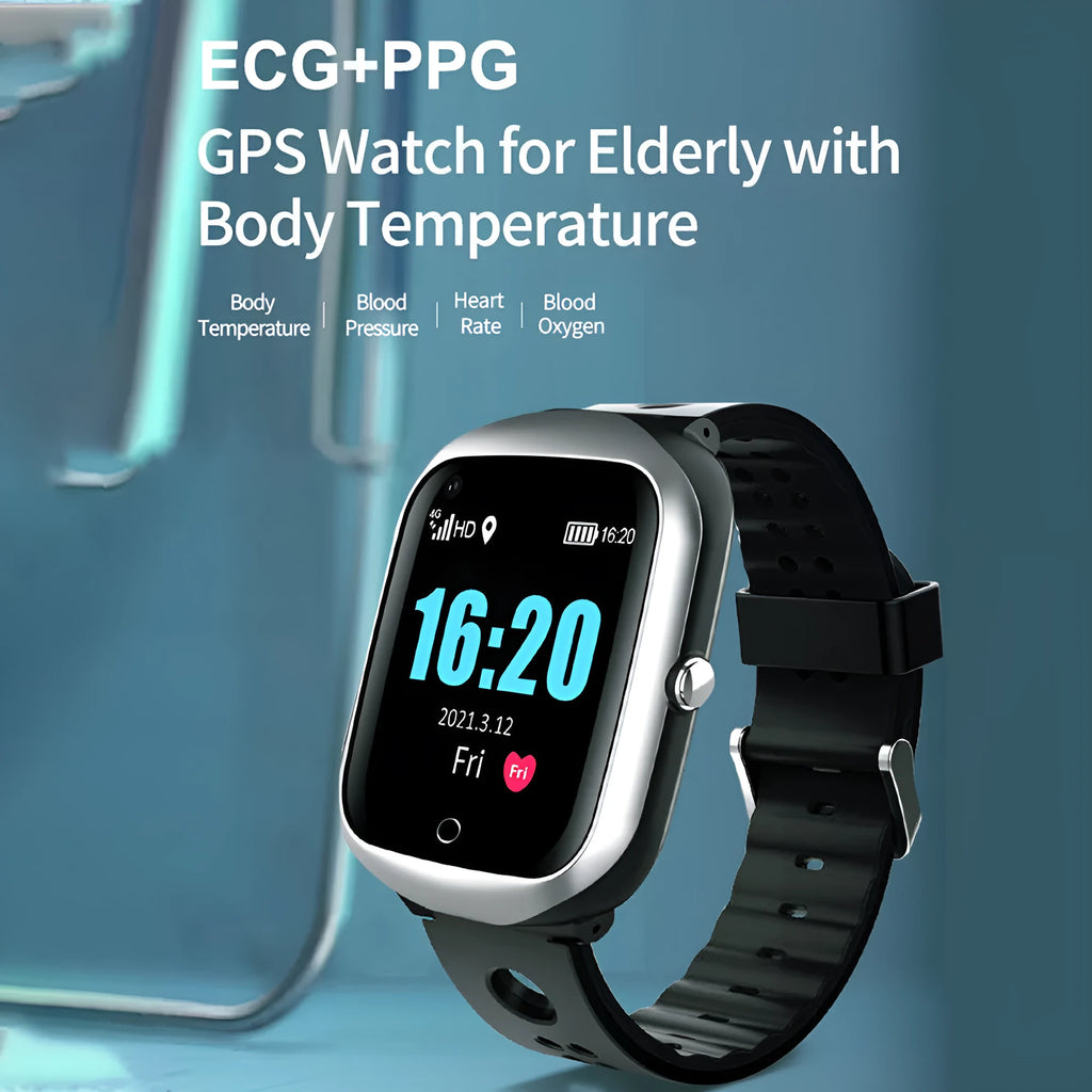 Black intelligent positioning phone watch for the elderly with a square 1.3-inch screen and silicone strap.