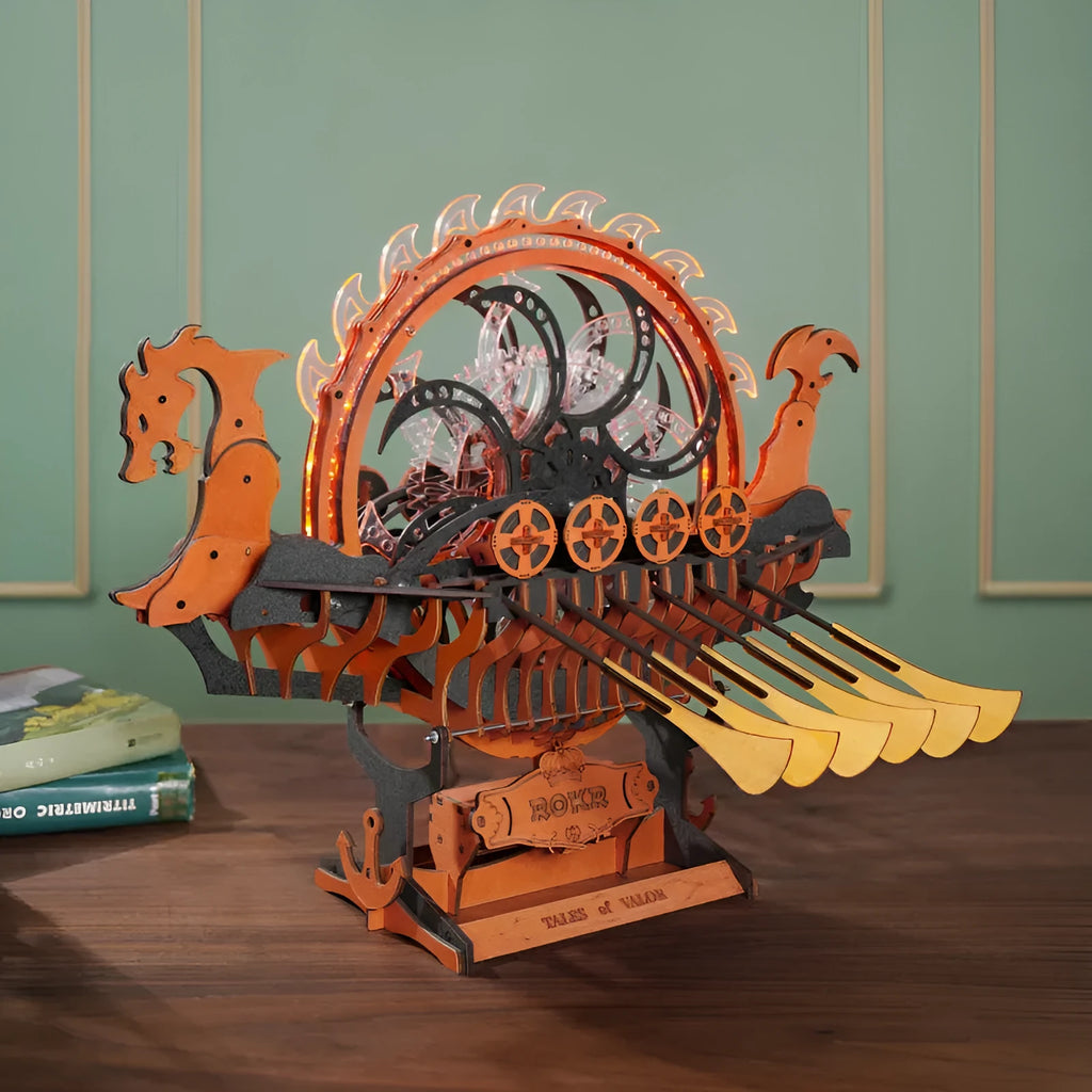 Hand-assembled wooden Viking dragon boat puzzle building blocks toy in colour box