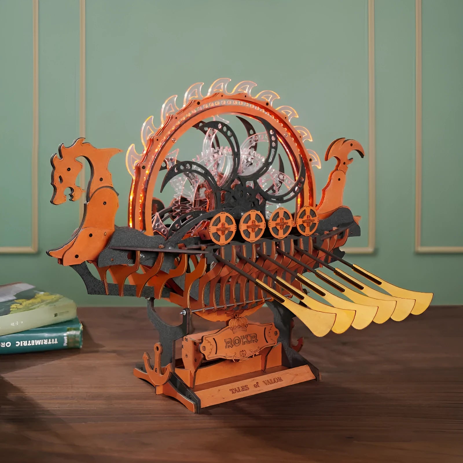 Hand-assembled wooden Viking dragon boat puzzle building blocks toy in colour box