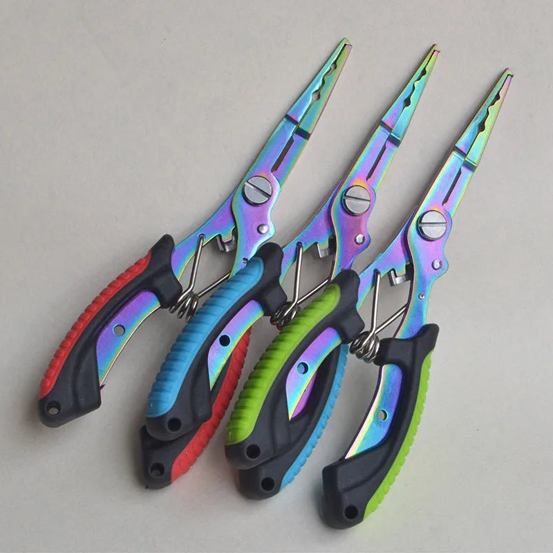 Medium straight mouth fishing pliers with integrated hook tool showing SS420 steel construction and colour-coded ABS handles