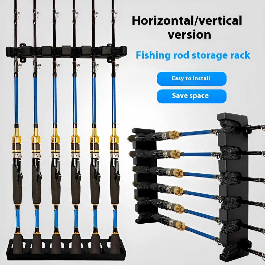 Black ABS plastic wall-mounted fishing rod holder in horizontal and upright frame styles