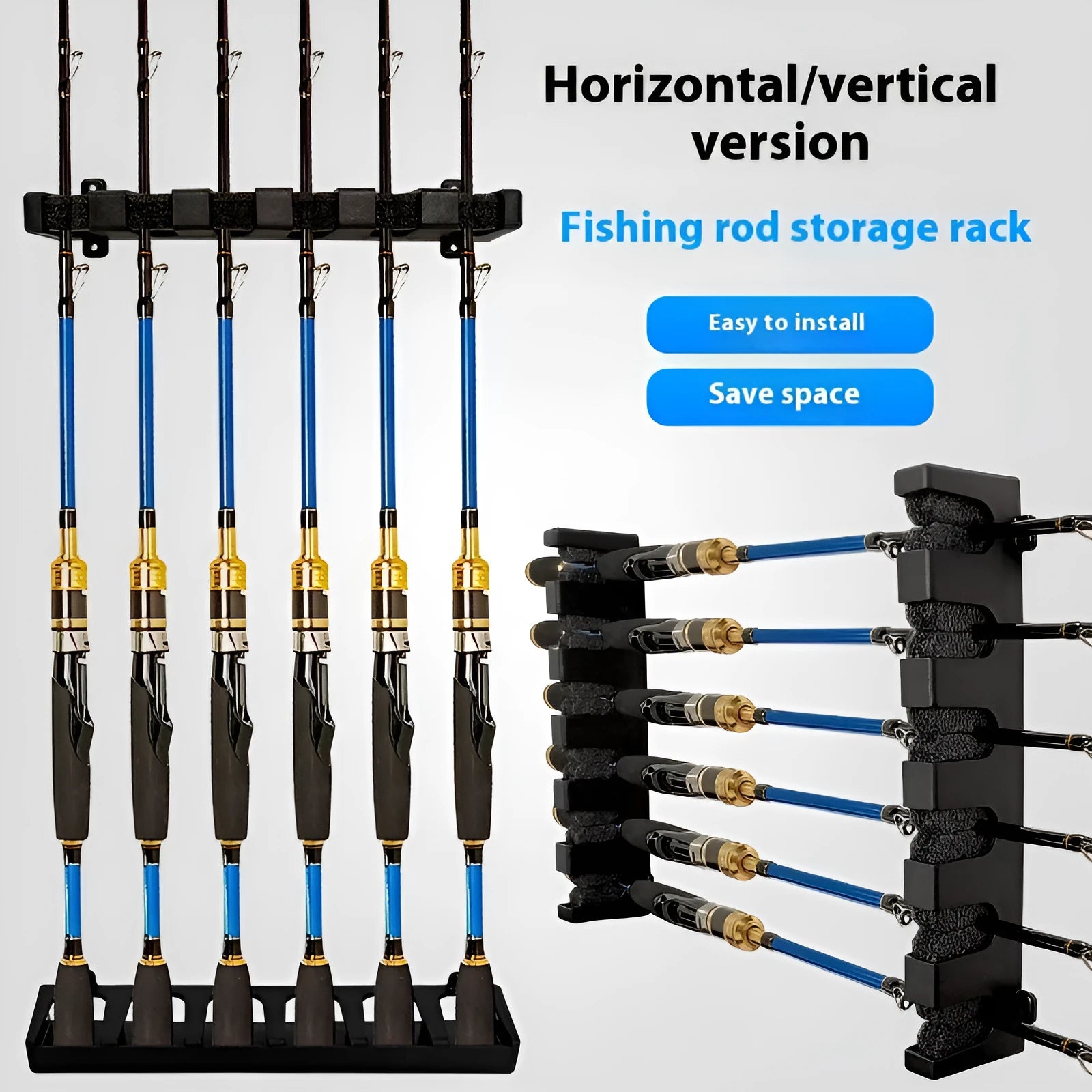 Black ABS plastic wall-mounted fishing rod holder in horizontal and upright frame styles