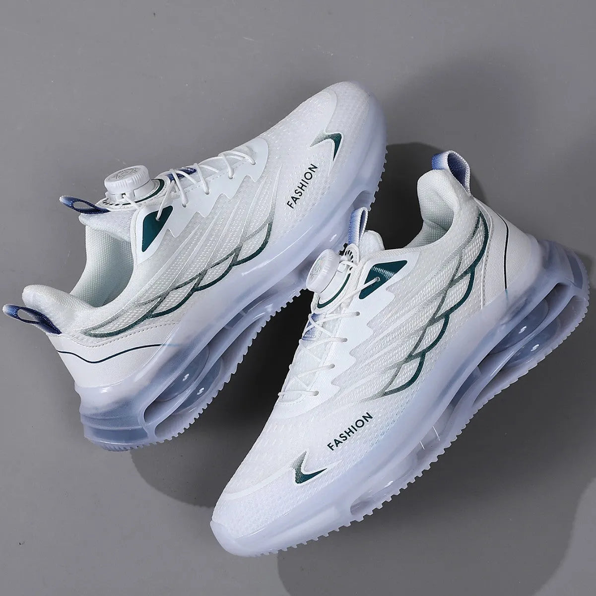 White rotating button Korean style casual shoes with mesh upper and rubber sole