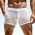 Plus size men's white sexy lacing fitness shorts with high elasticity polyester fabric