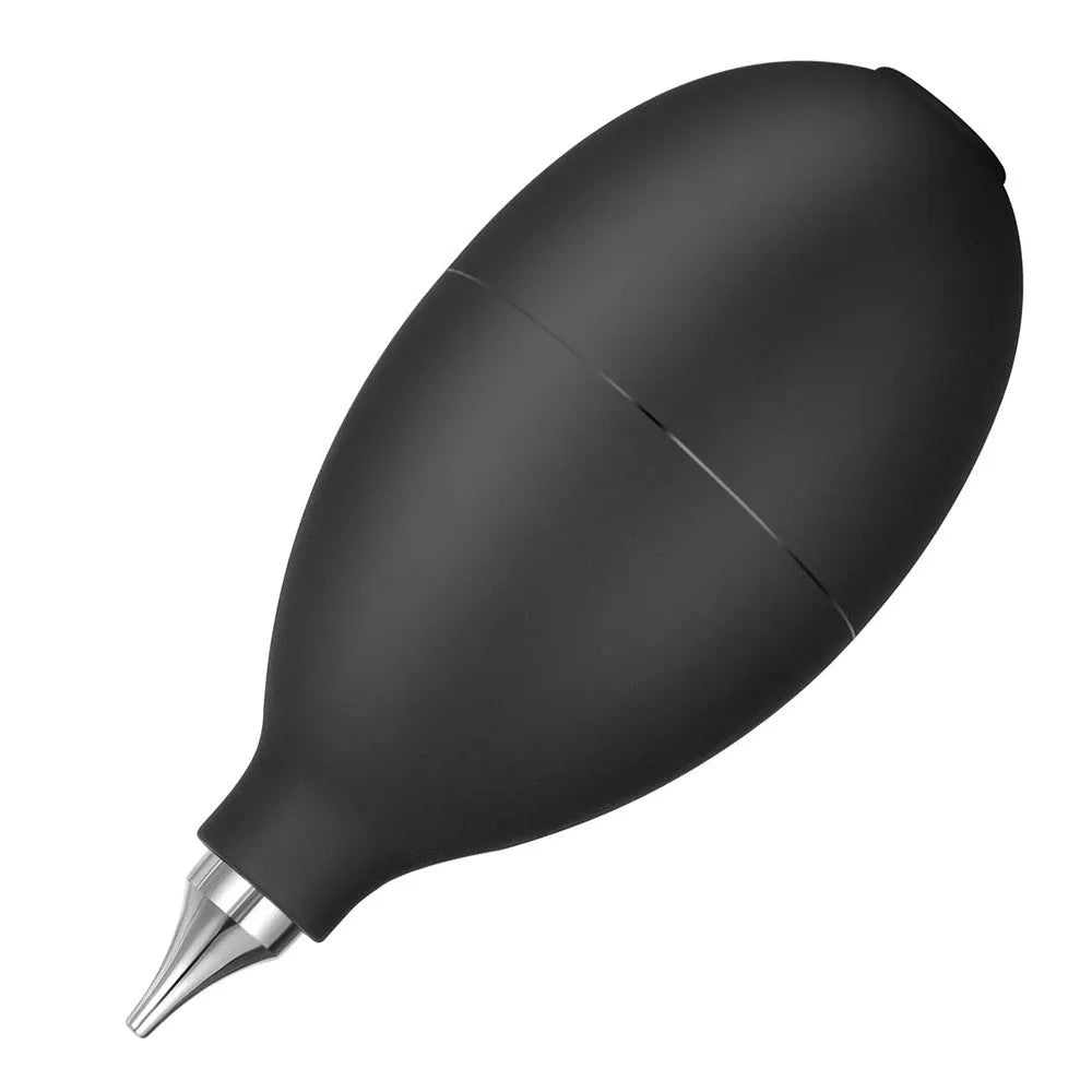Blue and black handheld rubber dust blower for cleaning cameras and phones.