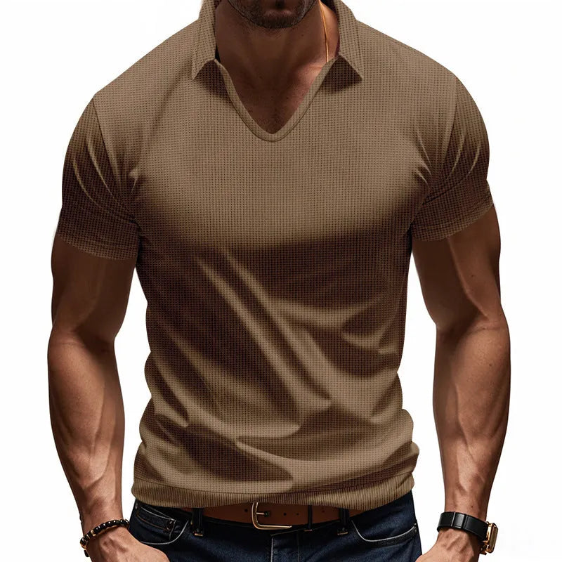 Men's casual V-neck short sleeve shirt in loose fit cotton blend fabric