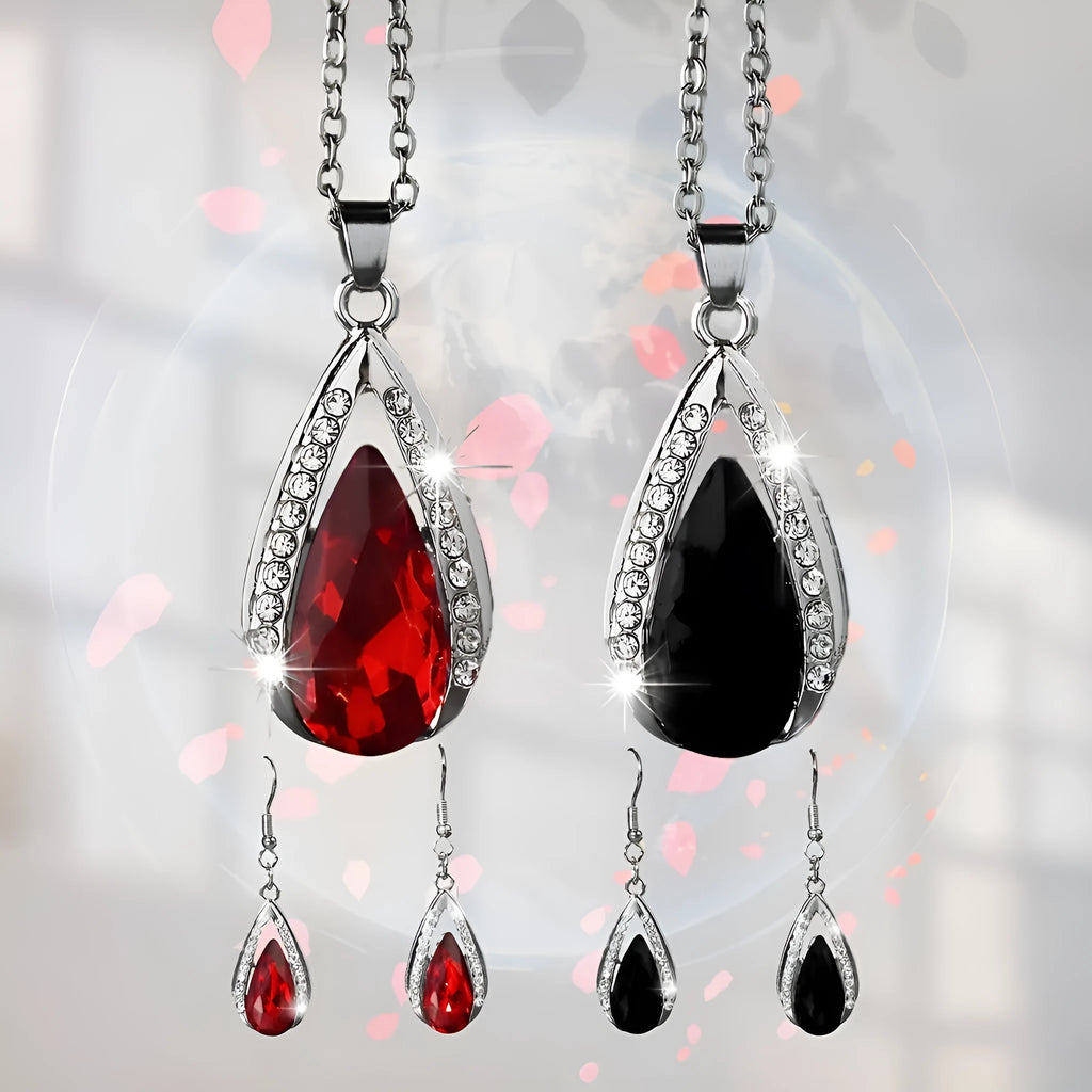 Black and red teardrop glass pendant alloy necklace and matching earrings set.