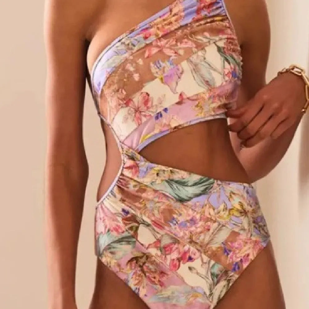 Women's rose gold patterned swimsuit in polyester fabric