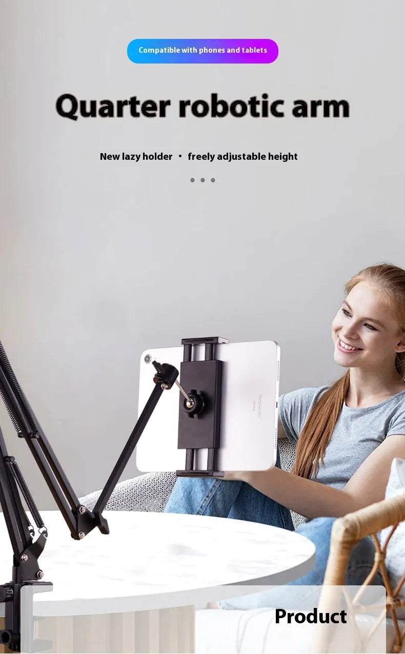 Black foldable metal desktop cantilever bracket holding a tablet, showing multi-angle adjustment.