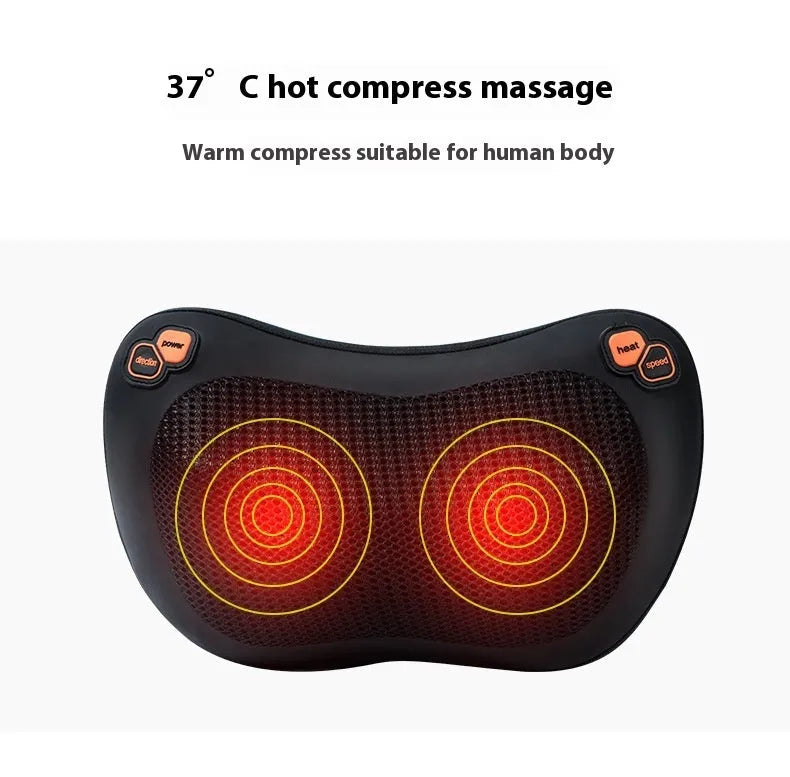 Black genuine leather neck and shoulder massage pillow with 8 massage heads, shown on a car seat.