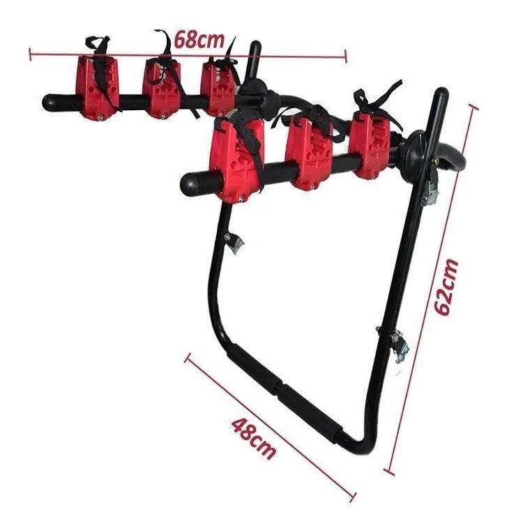 Black and red iron car boot bike rack with sponge padding and securing straps.