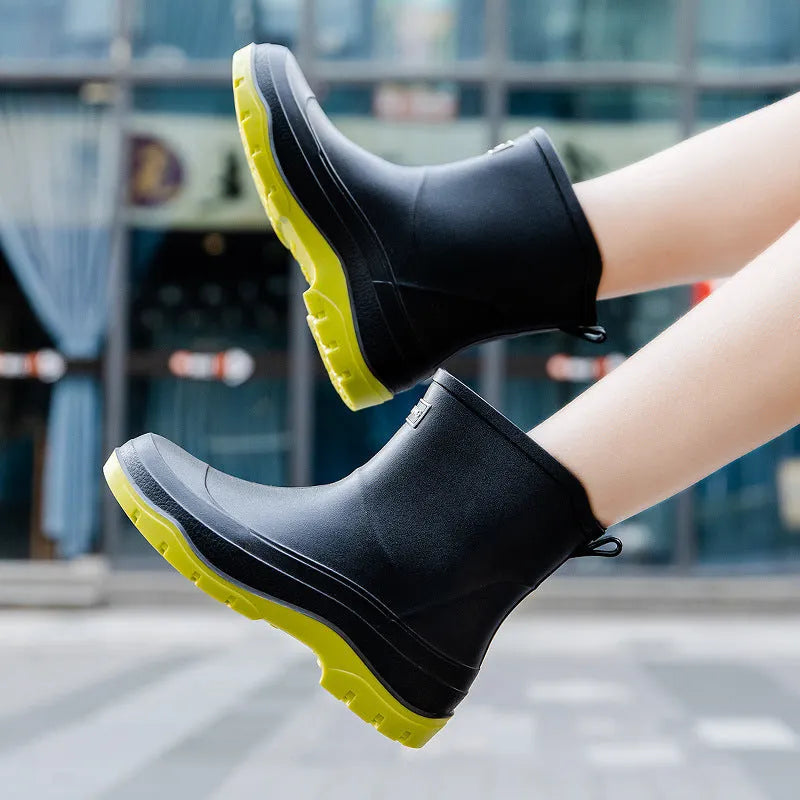 Women's short waterproof non-slip rubber shoes in white, black, and pink colours