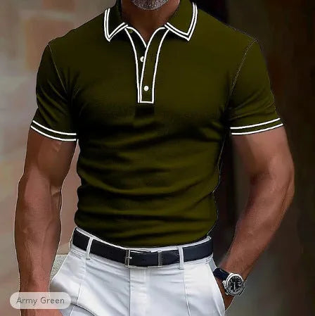 Man wearing a loose fit striped short-sleeved T-shirt in a casual setting